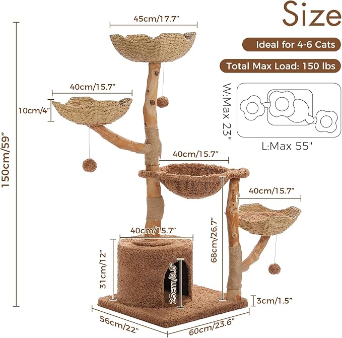PAWZ Road Cat Tree for Indoor Cats Large Adults, 59 Inches Modern Cat Tower with 3 Large Baskets, Natural Solid Wood, Luxury Condo and Hammock, Modern Furniture for Big Cats, Brown