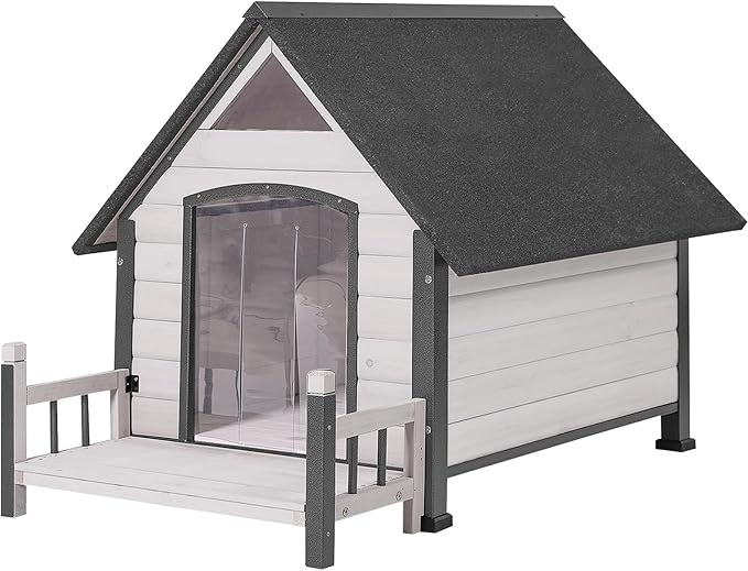 Aivituvin Dog House Outdoor with Metal Frame, Dog Kennel Outside for Small to Medium Breed, 45" Weatherproof Large Dog Shelter with Anti-Chewing Iron Frame, White (45" D x 32.9" W x 32.6" H)