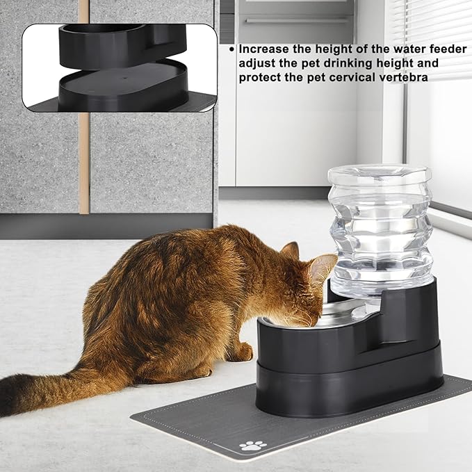 RIZZARI Automatic Cat Water Dispenser: Black 5L Elevated Feeder with Specialized Brush and Triple Filtration - Stainless Steel Gravity Bowl - Leakproof Base for Indoor Pets