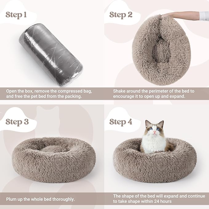 rabbitgoo Cat Beds for Indoor, 20 inches Machine Washable, Fluffy Round Pet Bed Non-Slip, Calming Soft Plush Donut Cuddler Cushion Self Warming for Small Dogs Kittens, Khaki, Medium