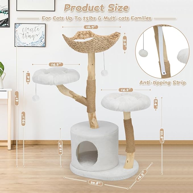 Solid Wood Cat Tree Tower, Modern Multi-Level w/ 2 Flower Perches, Scratching Post, Hanging Ball - Luxury Boho Cat Furniture w/Condo & Wicker Basket for Indoor Cats
