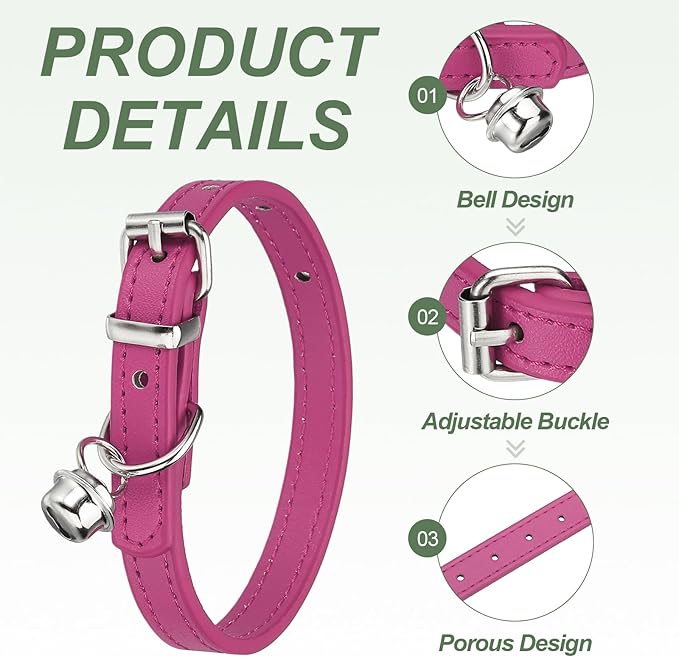 Dog Collar with Bell, Pu Leather Cat Collars Pet Basic Soft Padded Adjustable Buckle, 10" (Hot Pink, 1 Pcs), Intended for Teacup/Little Dog/Kitten Cats/Small Animals