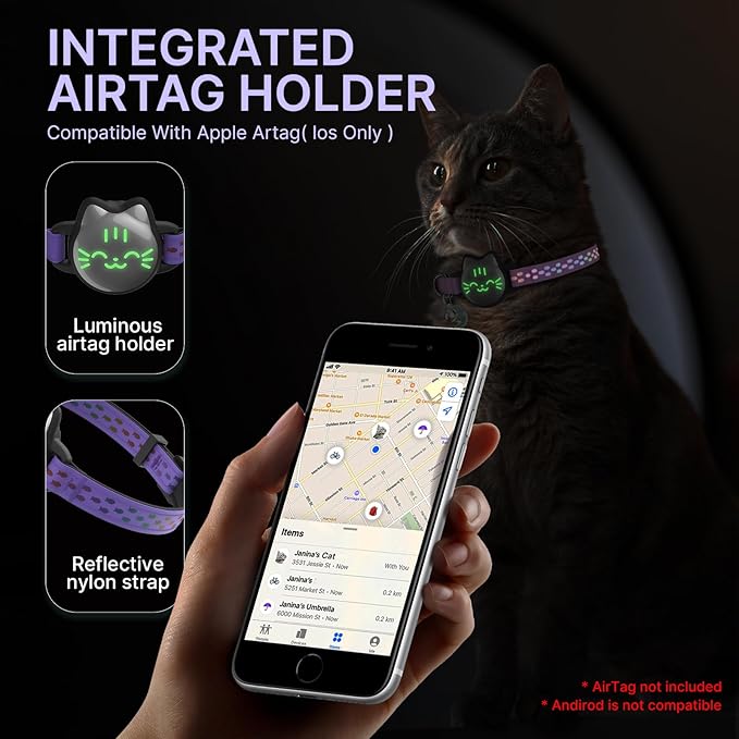 Waterproof Airtag Cat Collar, Breakaway Cat Airtag Collar with Luminous & Reflective Pattern Strap, Lightweight Kitten Collars for Apple Air tag, Hidden Holder for GPS Tracker - Cats, Kittens (9-13")