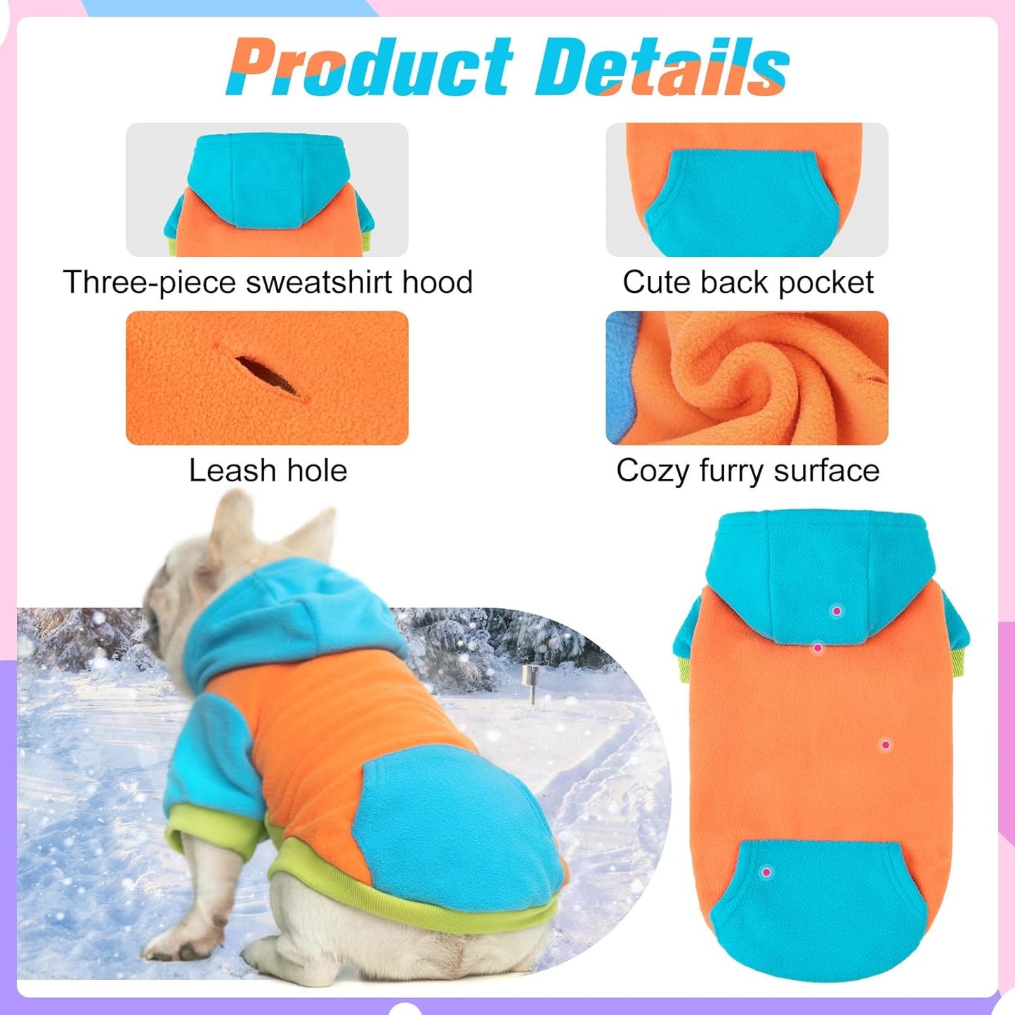 BEAUTYZOO Fleece Dog Hoodie Sweatershirt with Pocket and Leash Hole, Stretchy Small Medium Large Sized Dogs Clothes for Fall Winter Cold Days, Color Designer Warm Dog Jackets,French Bulldog Coats