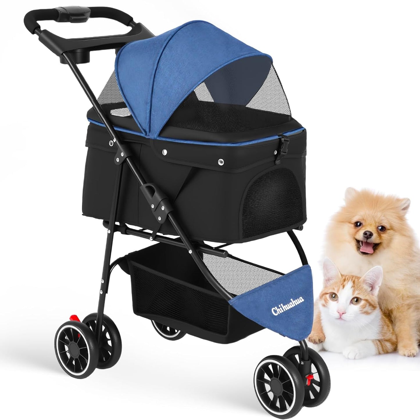 Pet Stroller,Dog Stroller for Small Medium Dogs Cats,3 Wheels,Foldable,with Breathable Mesh Canopy,Cup Holders,Easy Assembly,Blue+Black
