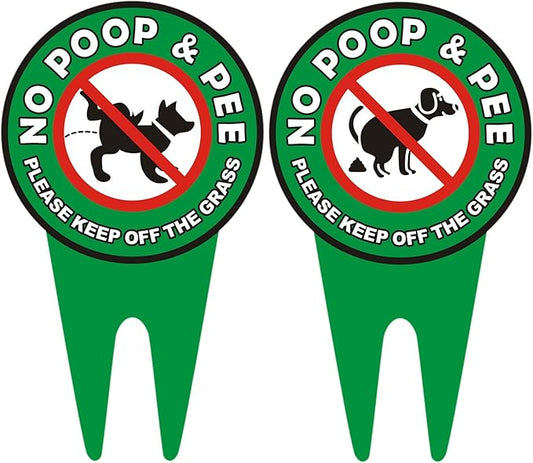 2 PCS No Dog Poop Signs for Yard, 14 x 8 inch Double Sided PLEASE KEEP OFF THE GRASS Sign, Durable and Sturdy Aluminum Material