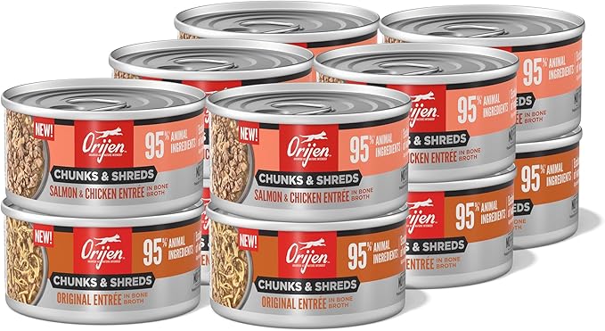 ORIJEN Chunks & Shreds Wet Cat Food Variety Pack: Original + Salmon & Chicken Entrées 3oz Cans (12 Count, 6 of Each)