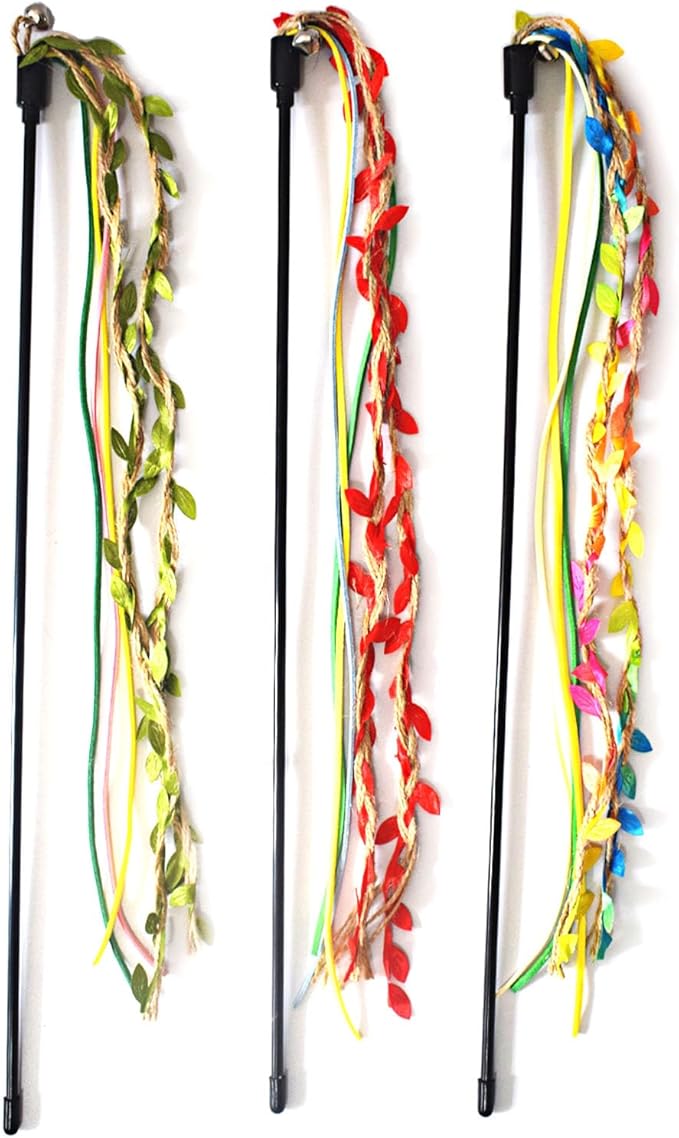 IUHKBH Cat Wands, 3 PCS Colorful Teaser Toy Handcrafted Jungle Wicker Kitten Wands Interactive Cat Toy for Indoor Cats Enrichment, Safe Kitty Toy for All Breed Sizes