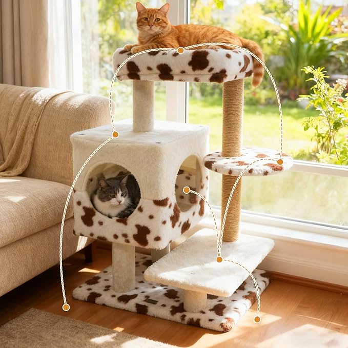 PETSITE 30 Inches Small Cat Tree, Unique Cow Print Modern Cat Tree with Jute Scratching Posts, Comfy 2-Door Condo, Soft Upholstered Top Perch, Multiple Jumping Platforms, Ideal for Indoor Cats