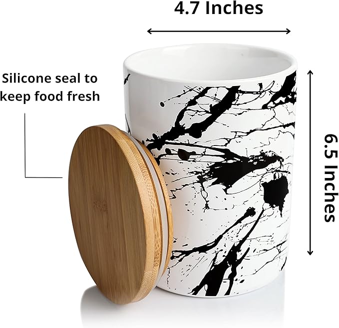 Arthausen Black Splatter Ceramic Storage Jar Canister for Flour Sugar Airtight Bamboo Lid w/Silicone Seal, Spoon - Modern Abstract Art Design for Kitchen Counter Bathroom - 4 cup / 1080mL