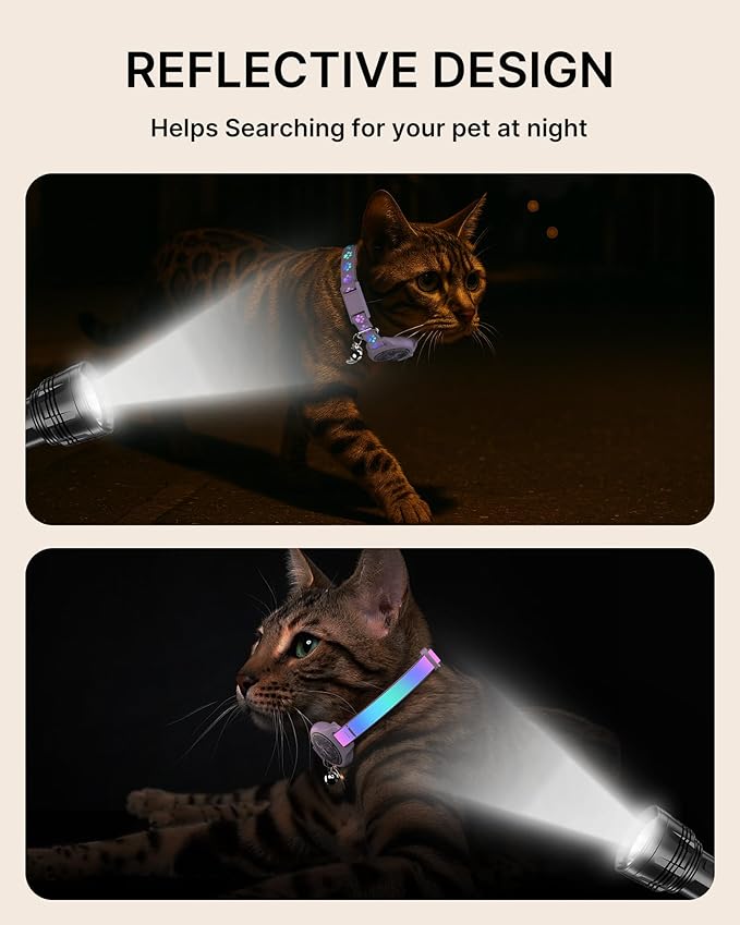 Cat Collar with Airtag Holder, 2 Pack Waterproof Breakaway Kitten Collar for Apple AirTag GPS Tracker, Adjustable Cat Collar with Buckle, Bell & Reflective Pattern for Cats, Kittens, Purple (8-11")