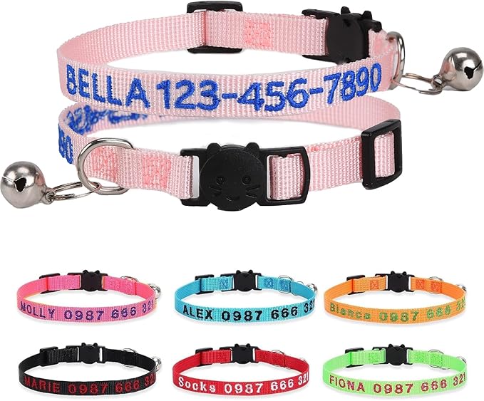 Personalized Cat Collars, Embroidered with Pet Name and Phone Number, Adjustable Nylon Breakaway Safety Release Buckle ID Collar,Custom Text with Bell for Cat or Kitten,Light Pink