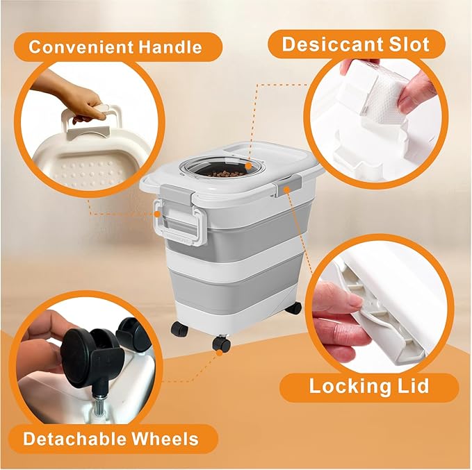 Airtight Collapsible Dog Food Storage Container with Wheels & Scoop, 6-28 Lbs Pet Food Bin for Dog & Cat Food – Portable, Keeps Food Fresh, Also a Multi-Purpose Storage Box for Pet Toys