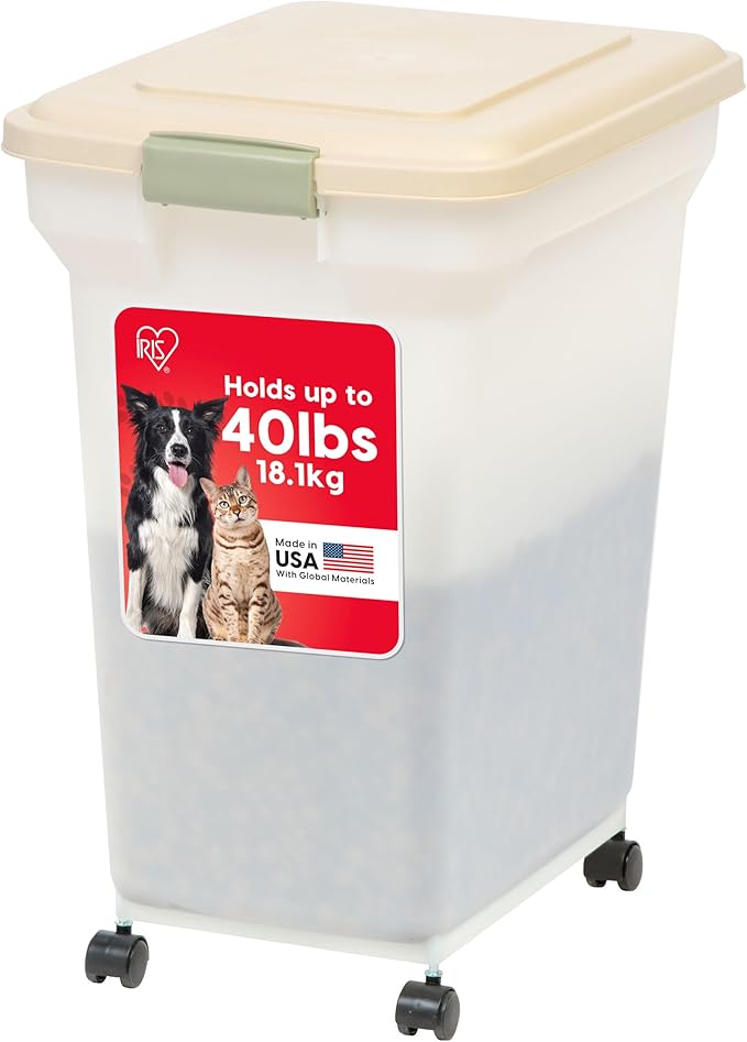 IRIS USA Airtight Dog Food Storage Container, WeatherPro, Up to 40 lbs, Removable Wheels, for Dog Cat Bird and Other Pet Food Storage Bin, Keep Fresh, Translucent Body, Made in USA, Pearl/Almond
