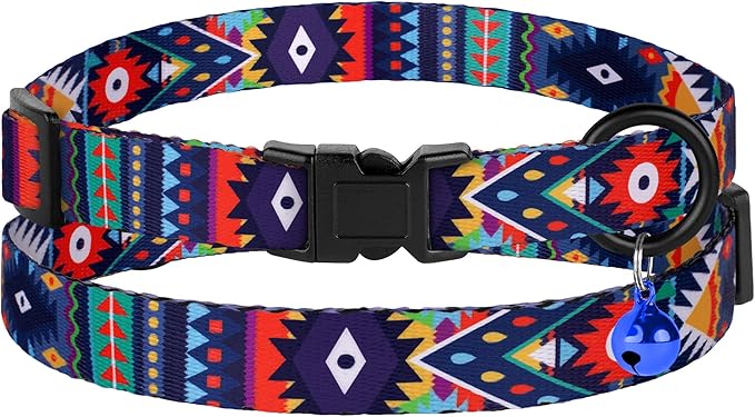 Cat Collars 2 Pack - Soft Cute Breakaway Collar with Bell, Adjustable Safety Kitten Collars for Girl & Boy Cats – Comfortable Stylish Patterned Print Lightweight (Ethnic + Striped)