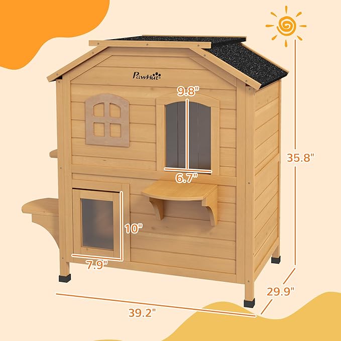 PawHut 2-Story Cat House Outdoor, Weatherproof Wooden Cat Enclosure for Feral Cats with Escape Door, Openable Roof, Jumping Platforms, Natural