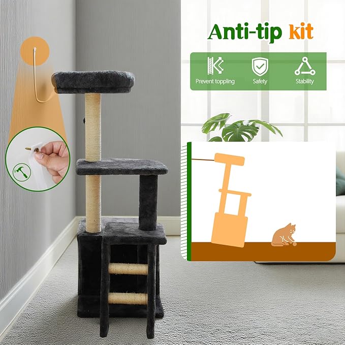 38.4'' Cat Tree Tower with Climbing Ladder, Cats Tree Scratching Post and Ball, Plush Condo, Modern Multi-Level Furniture Climber for Indoor Cats Large Adult, Dark Gray