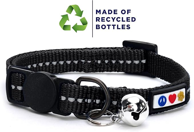 Pawtitas Recycled Black Reflective Cat Collar – Eco-Friendly Breakaway Safety Buckle, Adjustable Kitten & Adult Collar with Removable Bell and High-Visibility Strap