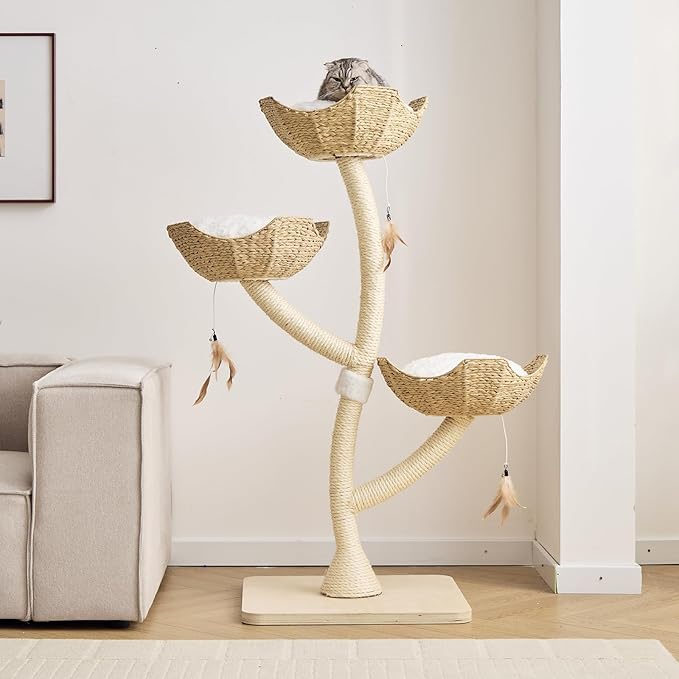 52” Tall Modern Cat Tree Tower for Large Cats| Cat Scratching Posts with Hand Woven Baskets and Mats| Luxury Cat Condo for Multiple Cats | Cat Furniture for Gifts （52” Natural）