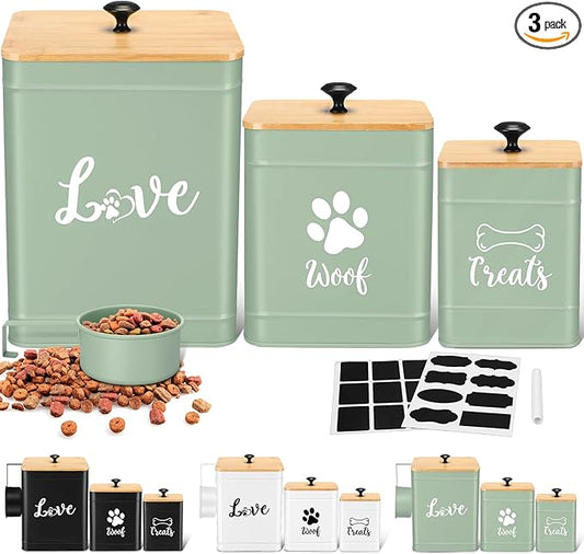 Metal Dog Treat Containers Set of 3 with Bamboo Lids and Spoon Airtight 7+3+2 lbs Dog Food Snack Jars with DIY Labels Big Pet Cookie Storage Jar for Kitchen Counter (Sage Green,Cute)
