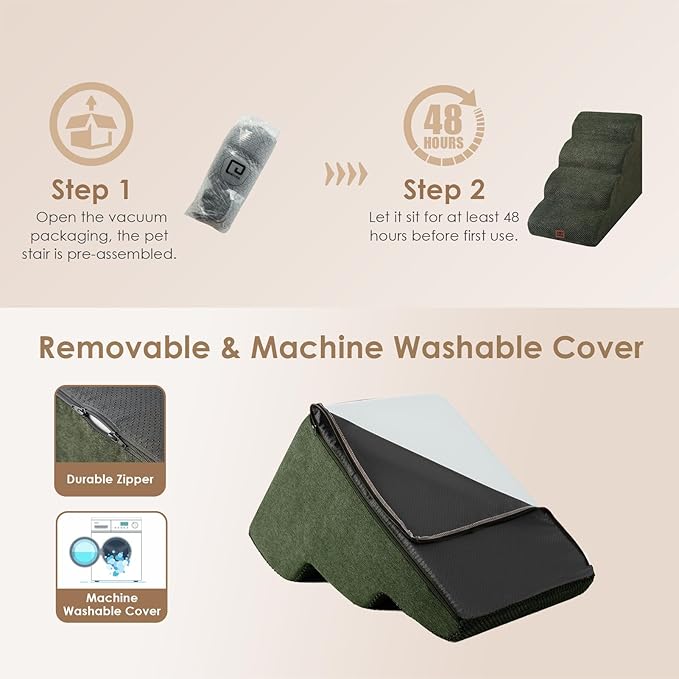 EHEYCIGA Curved Dog Stairs Ramp for High Beds 19.7" H, 4-Step Dog Steps for Small Dogs and Cats, Pet Stairs for High Bed Climbing, Non-Slip Balanced Pet Step Indoor, Olive Green