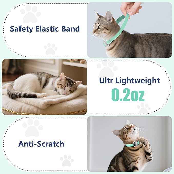 AirTag Cat Collar, Ultra Elastic Cat Tracker Collar, Airtag Holder Compatible with Apple Air Tag, [Lightweight & Scratch Resistant] Adjustable Stepless GPS Pet Collar for Cats Kittens, Green