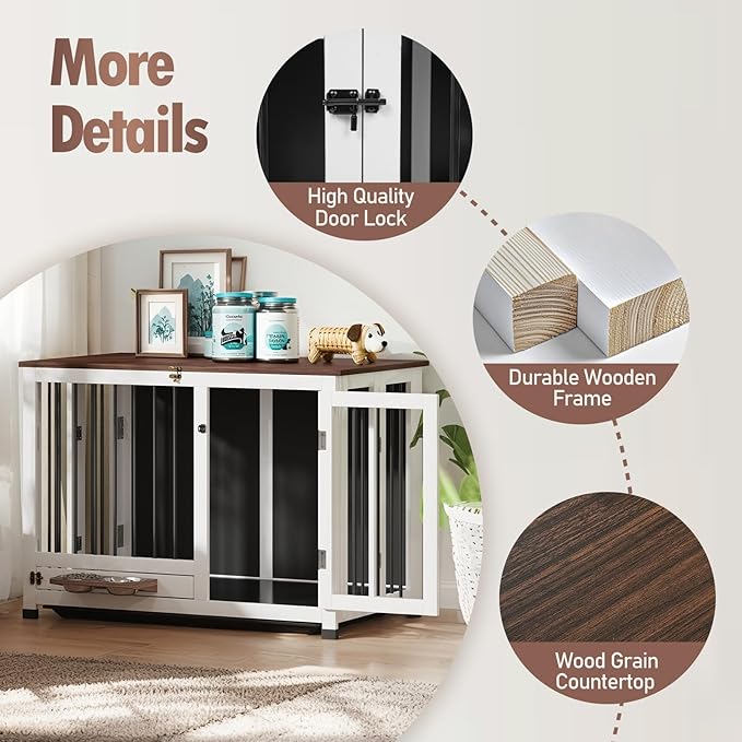 39.4" Dog Crate - Wooden Dog Kennel Furniture with Removable Tray & 360° Rotating Feeder | Indoor Sturdy End Table for Medium & Large Dogs | Easy Assembly, White Dog Cage for Living Room