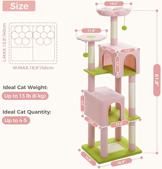 62" Cat Tree for Indoor Cats, Multi-Level Cat Tower for Large Cats with Scratching Posts, 2 Spacious Plush Condos, Padded Perch, Soft Cat Bed, Scratching Pad & 2 Pompoms, Pink
