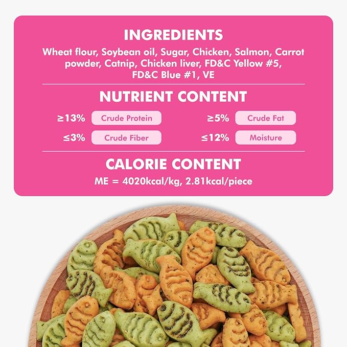 Catnip Cat Treats, Chicken and Salmon Flavor Cat Snacks, Training Biscuits Treats for Cats, Crunchy Fish Shape Adult Cat Biscuits, 8 oz