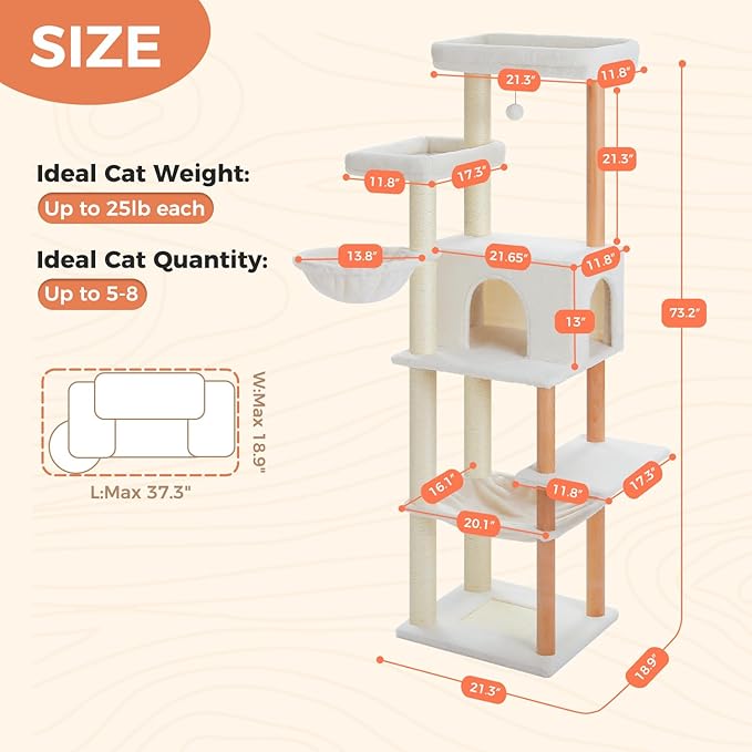 73" Tall Cat Tree for Large Cats, Wooden Cat Tower with Fully Sisal Covered Scratching Posts and Solid Wood Posts, Modern Cat Furniture with 2 Spacious Perch and Cozy Condo Beige