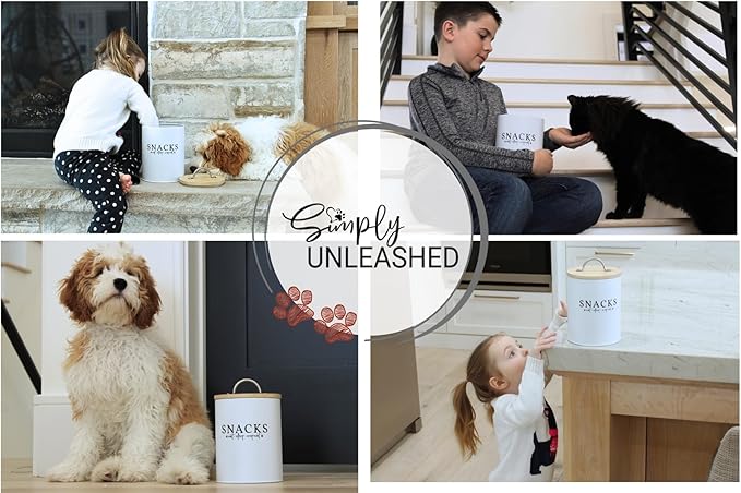 White Dog and Cat Treat Container with Easy to Open Bamboo Lid, 8.5 cups/ 70 fl oz.