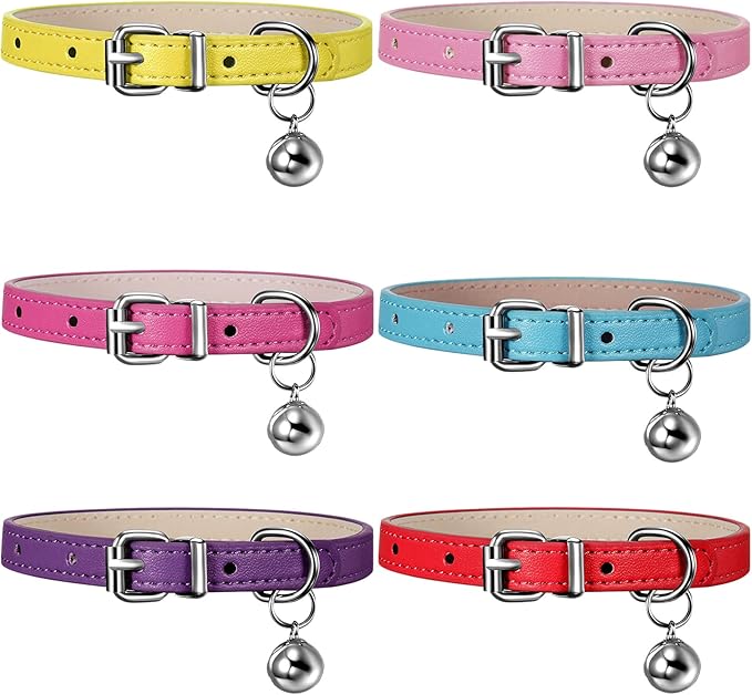 Weewooday 6 Pieces Leather Cat Collar with Bell Cute Pet Leather Kitten Collar for Boy Girl Cats with Safety Elastic Strap for Small Kitten Puppy(Classic Color)