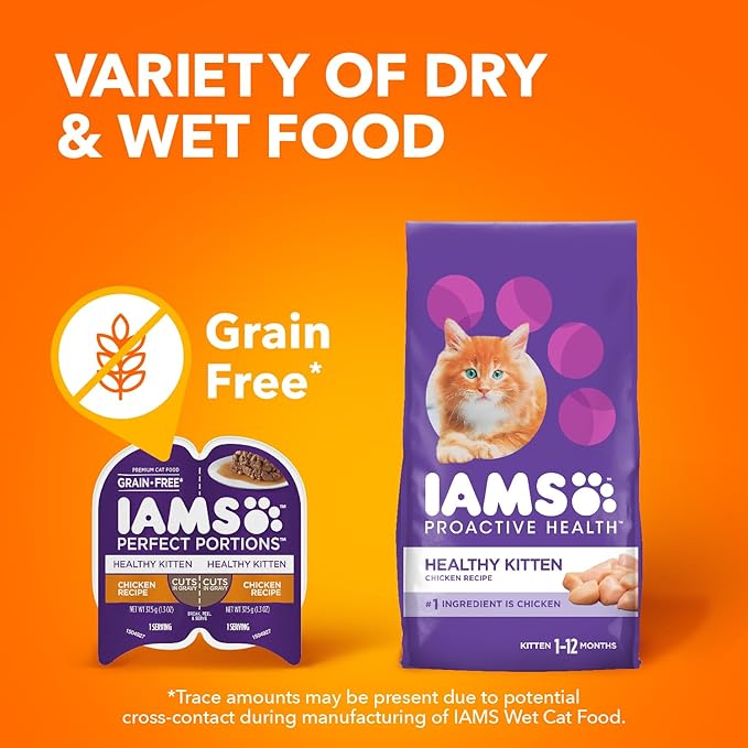IAMS Perfect Portions Healthy Kitten Grain Free Wet Cat Food Pate, Chicken Recipe, 2.6 oz. Easy Peel Twin-Pack Trays (24 Count, 48 Servings)