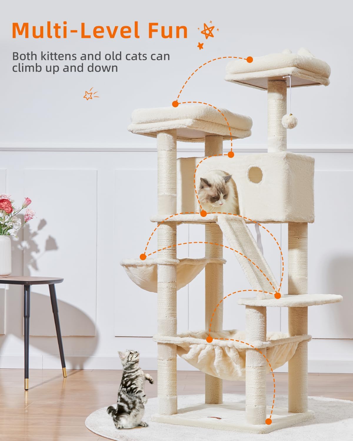 Taoqimiao Cat Tree 57.5-Inch, Cat Tower for Indoor Cats Large Adult, Extra Large Cat Condo, 8 Sisal Scratching Posts, Metal Frame Cozy Hammock, Durable Scratch Board, 2 Top Perches, Beige MS026M