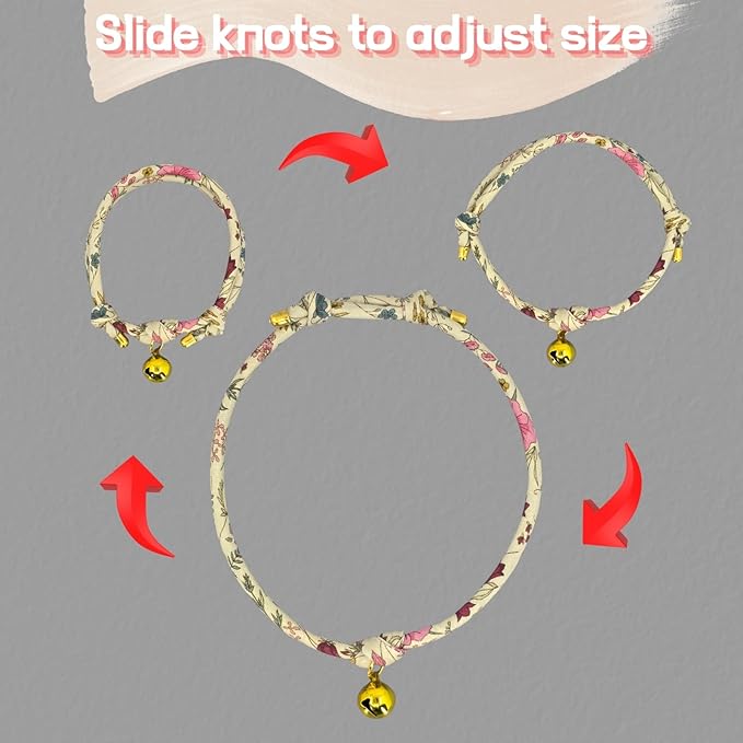 Handmade Cotton Cat Collar with Bell – Adjustable Slip-On Design, No Buckle, Lightweight Rope Collar for Kittens, Indoor Cats, and Small Pets (Petal)