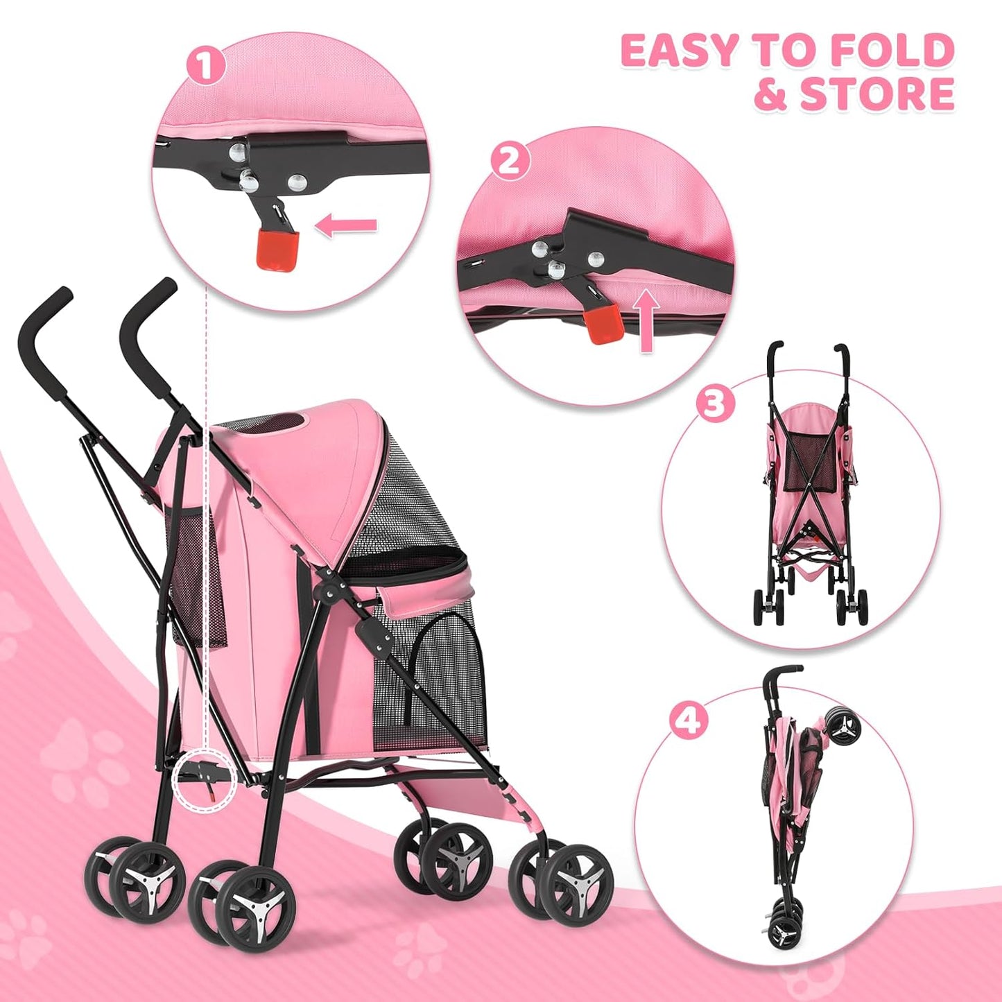 Magshion Compact Pet Stroller for Small-Medium Dogs/Cats up to 22lbs, 4-Wheel Lightweight Umbrella Shaped Portable Puppy Travel Jogger with Breathable Mesh & Rear Storage, Pink