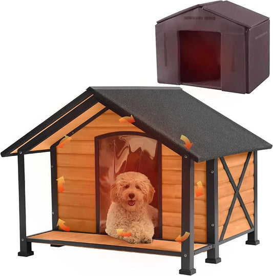 Outdoor Dog House Insulated Large Dog Kennel with Liner for Winter, Heated Dog House 100% Insulated & All-Around Iron Frame