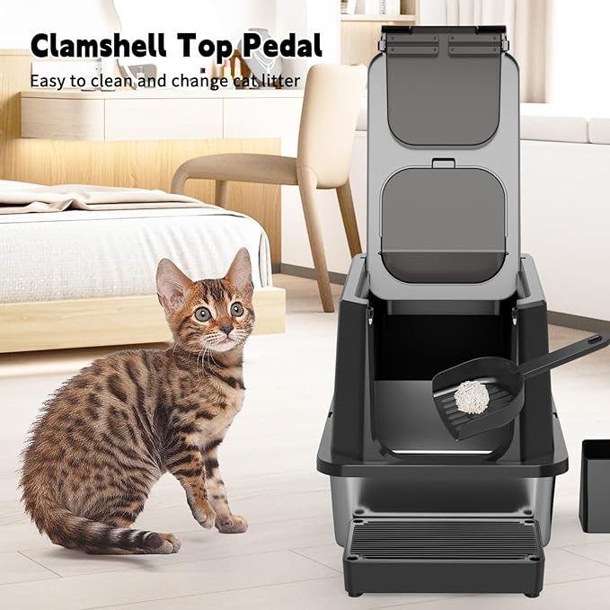 RIZZARI Enclosed Cat Litter Box: All Black Stainless Steel Odorless Cat Box - Top-Entry Design - Large Capacity Leak Proof Litter Pan for Cats - Easy Clean Pet Toilet - for Living Room Bedroom