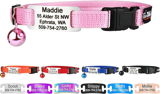 GoTags Personalized Cat Collars with Tag, Engraved Custom Cat Collar with Name and Phone, Breakaway Collar with Safety Buckle and Bell, Adjustable for Cats and Kitten (Pink with Nameplate)