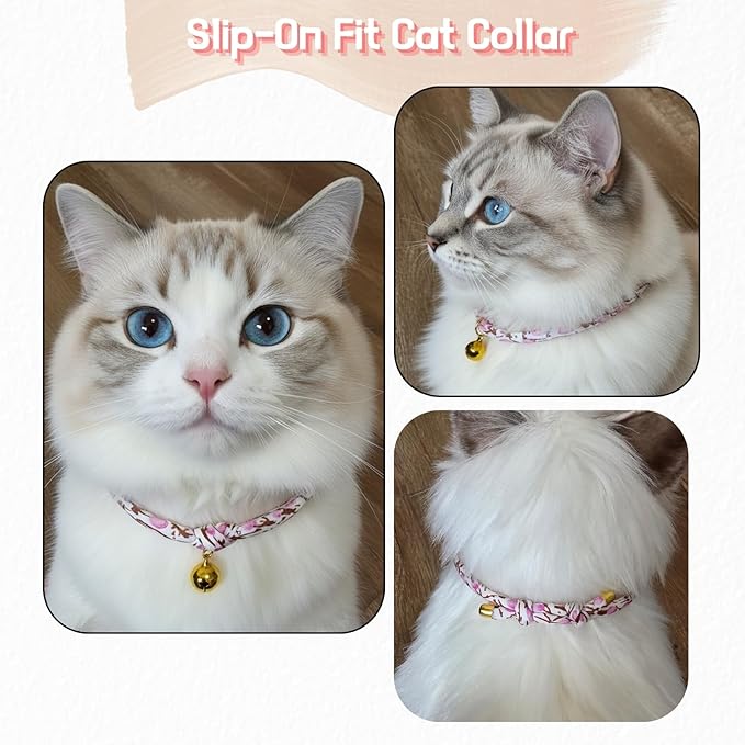 Handmade Cotton Spring Cat Collar with Bell – Adjustable Slip-On Design, No Buckle, Lightweight Rope Collar for Kittens, Indoor Cats, and Small Pets (Leaf-Pink)