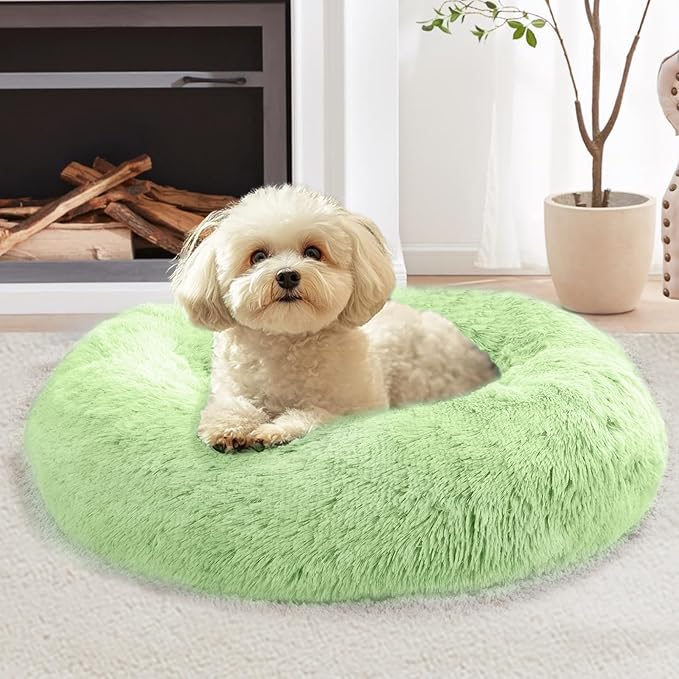 JOLLYVOGUE Small Dog & Cat Beds for Indoor Cats, Donut Cuddler Warming Soft Dog Beds with Anti-Slip Bottom, Round Calming Fluffy Plush Faux Fur Cushion Bed for Large Dogs (36", Light Green)