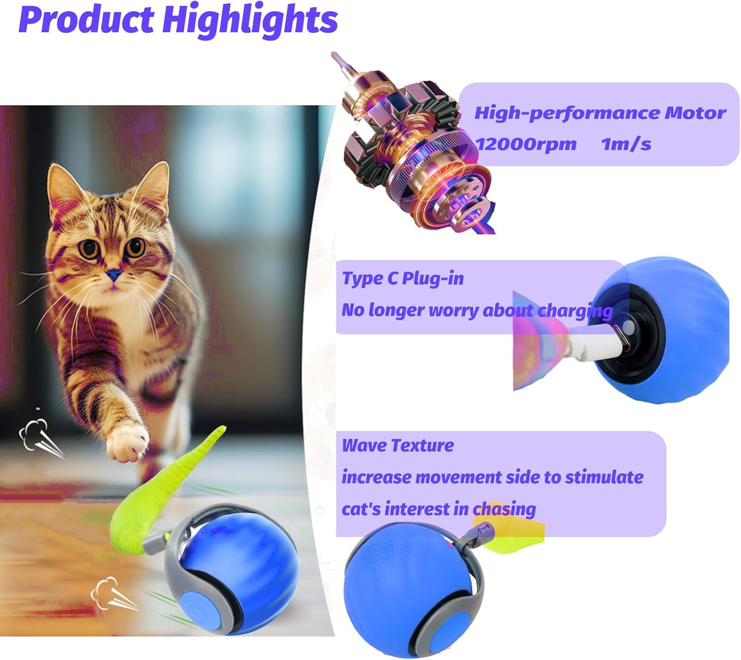 Upgraded Speedy Interactive Cat Ball 4.0 Toys with 2 Optional Tails, Smart Moving Ball Cat Toy for Bored Indoor Cats, Rechargeable & Detachable Automatic Kitten Rolling Balls Toy (Blue)
