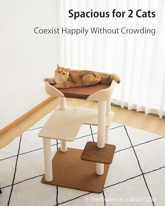 Cat Tree for Large Cats, Modern Senior Friendly Cat Tower with Wide Shelves, Cotton Scratching Posts, Super Sturdy Base, Cozy Perches, and Interactive Toys for Indoor Kittens, 37.4'' Cream.