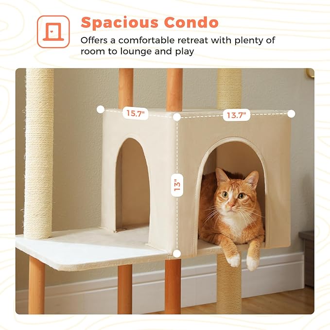 53" Modern Cat Tree for Large Cats, Wooden Cat Tower with Fully Sisal Covered Scratching Posts and Solid Wood Posts, Cat Furniture with Spacious Perch and Cozy Condo Beige