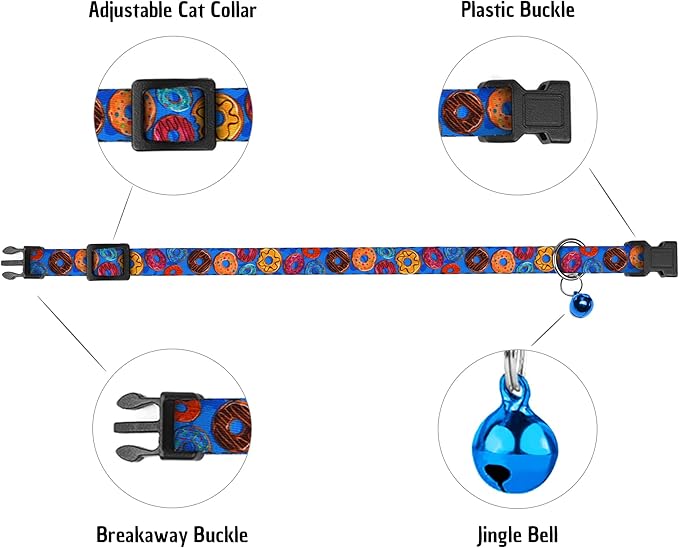 Cat Collars 2 Pack - Soft Cute Breakaway Collar with Bell, Adjustable Safety Kitten Collars for Girl & Boy Cats – Comfortable Stylish Patterned Print Lightweight (Donut + Ice Cream)