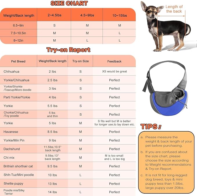 YUDODO Pet Sling Carrier for Small Dogs & Cats – Hands-Free Puppy Carrier with Safety Hook, Large Zipper Pocket, Soft Breathable Mesh, Adjustable Strap & Reflective Strip (Blue 1.0 L)