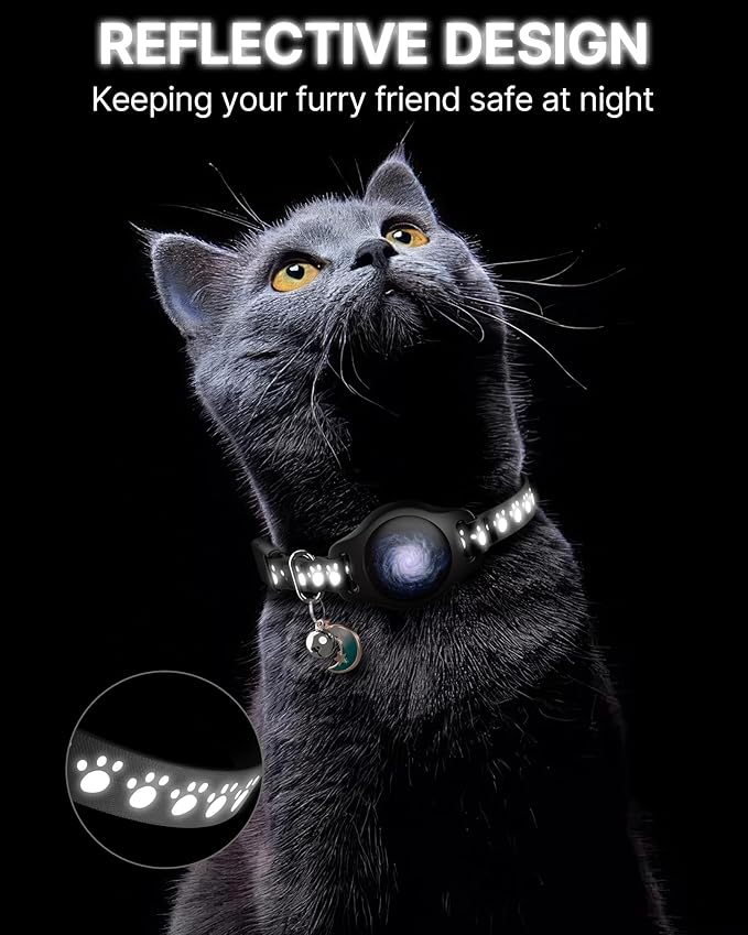 Cat Tracker Collar Waterproof Airtag Cat Collar with Finder Tag (iOS ONLY Not for Android Devices), Compatible with Apple Find My, Breakaway Tractive with Reflective Pattern & Bell, Black, 8-12"