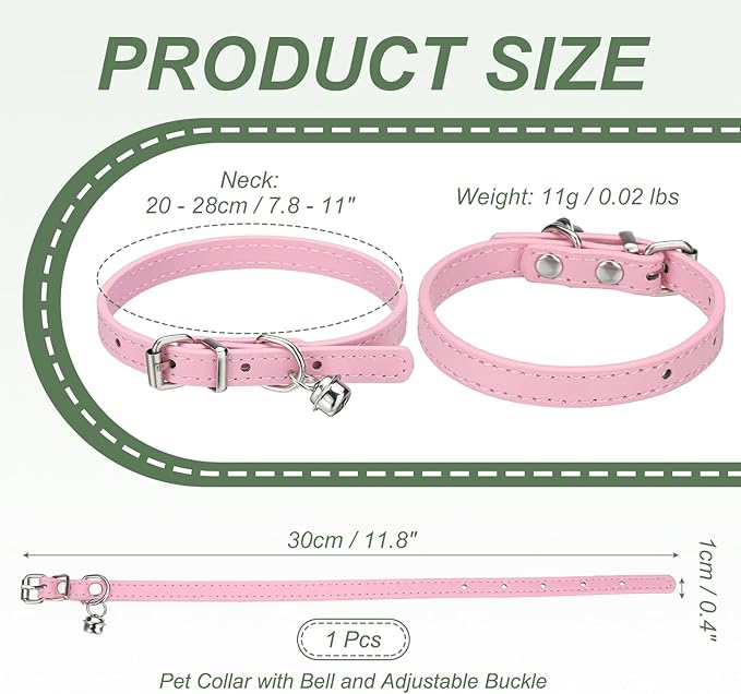 Dog Collar with Bell, Pu Leather Cat Collars Pet Basic Soft Padded Adjustable Buckle, 12" (Pink, 1 Pcs), Intended for Teacup/Little Dog/Kitten Cats/Small Animals