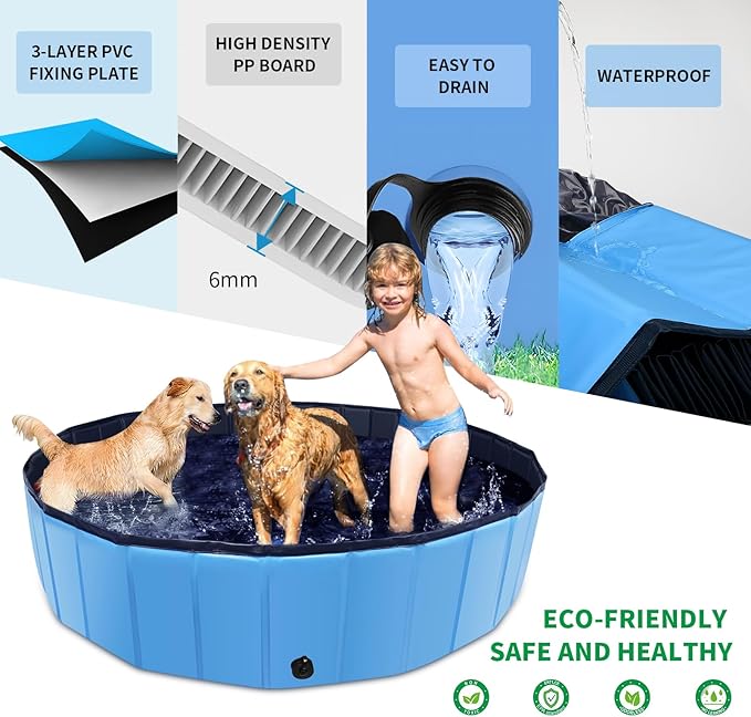 Foldable Dog Pool, 39" x 12" Kiddie Pool with Hard Plastic, Non-Slip Dog Bath Tub for Outdoor Backyard, Collapsible Dog Swimming Pool for Kids Dogs Pets (Blue)