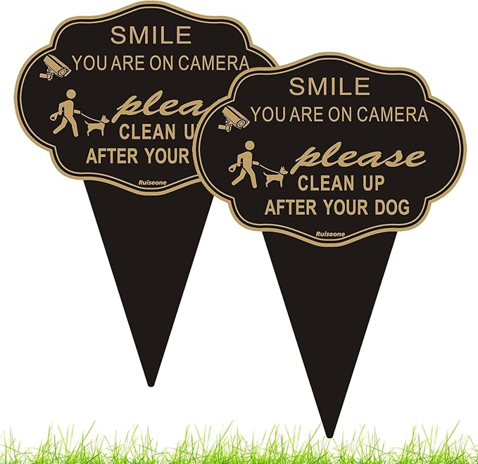 2 Pack Clean Up After Your Dog Sign, Smile You are on Camera Sign Double Sided 14”X10” No Pooping Dog Signs For Lawn or Yard With Integrated Stake Rust Resistant Aluminum for Outdoor Use